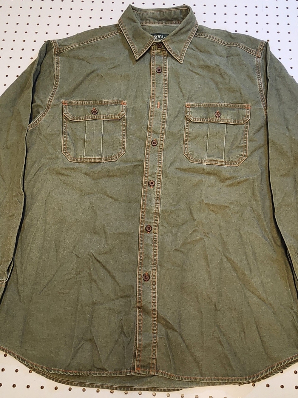 Orvis Mens Large Olive Green Canvas Heavyweight Cotton Utility Button Shirt